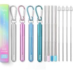 Flyby Portable Reusable Drinking Straws | Collapsible & Foldable Telescopic Stainless Steel Metal Straw Dispenser | Final Aluminum Case, Long Cleaning Brush, Silicone Tip | Variety Pack 1 | 4-Pack