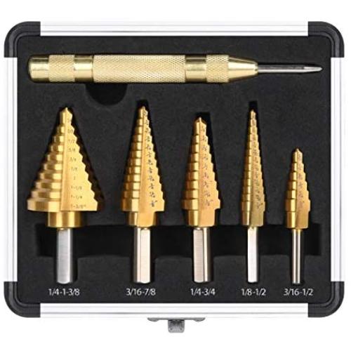 HYCLAT 5 pcs Titanium Step Drill Bits Set & Automatic Center Punch - High-Speed Metal Steel Drill Double Side, Hss Cobalt Multiple Hole 50 Sizes with Aluminum Case