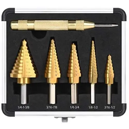 HYCLAT 5 pcs Titanium Step Drill Bits Set & Automatic Center Punch - High-Speed Metal Steel Drill Double Side, Hss Cobalt Multiple Hole 50 Sizes with Aluminum Case HYCLAT 5 pcs Titanium Step Drill Bits Set & Automatic Center Punch - High-Speed Metal Steel Drill Double Side, Hss Cobalt Multiple Hole 50 Sizes with Aluminum Case