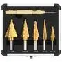 HYCLAT 5 pcs Titanium Step Drill Bits Set & Automatic Center Punch - High-Speed Metal Steel Drill Double Side, Hss Cobalt Multiple Hole 50 Sizes with Aluminum Case HYCLAT 5 pcs Titanium Step Drill Bits Set & Automatic Center Punch - High-Speed Metal Steel Drill Double Side, Hss Cobalt Multiple Hole 50 Sizes with Aluminum Case