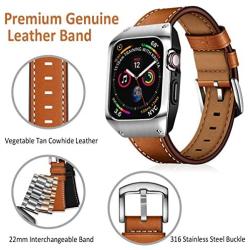 EloBeth 44mm Band Case Compatible with Apple Watch Band 44mm Series 6/5/4 & Apple Watch SE 44mm Bands, Genuine Leather Bands & Metal/PC Protective Case for iWatch Series 6/5/4/SE 44mm (Brown/Silver)