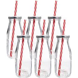 Estilo Dairy Reusable Glass Milk Bottles with Straws and Metal Screw on Lids (Set of 6), 10.5 oz, Clear