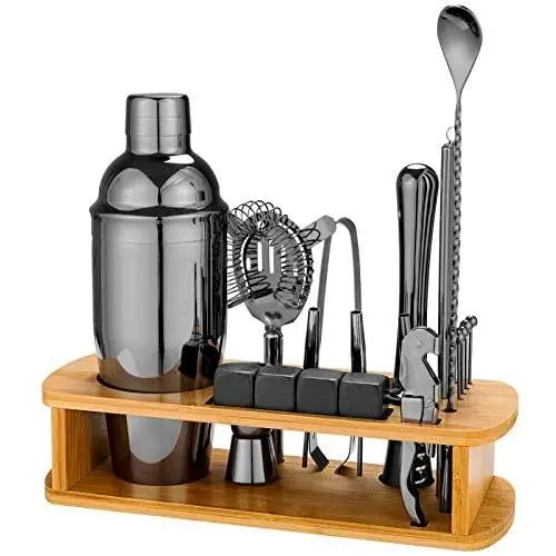 25 Piece Cocktail Shaker Set with Bamboo Stand,Gifts for Men Dad Grandpa,Stainless Steel Bartender Kit Bar Tools Set for Christmas Gift,Home, Bars, Parties and Traveling (Gun-Metal Black)