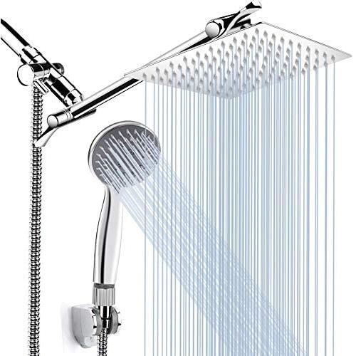 8 High Pressure Rainfall Shower Head / Handheld Shower Combo with 11 Extension Arm, Height/Angle Adjustable, Stainless Steel Bath Shower Head with Holder, 1.5M Hose, Chrome, 4 Hooks