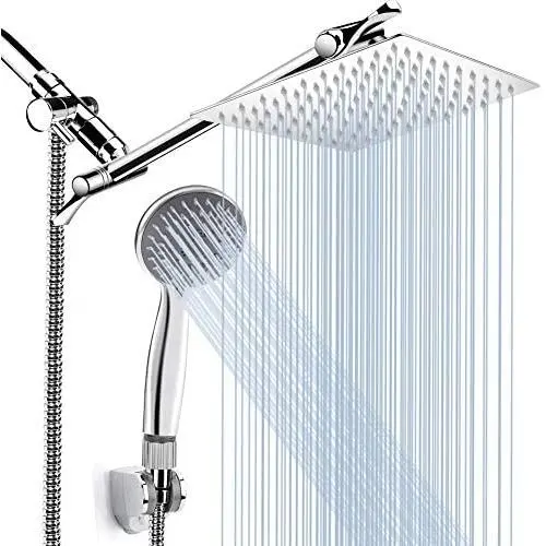 8 High Pressure Rainfall Shower Head / Handheld Shower Combo with 11 Extension Arm, Height/Angle Adjustable, Stainless Steel Bath Shower Head with Holder, 1.5M Hose, Chrome, 4 Hooks 8 High Pressure Rainfall Shower Head / Handheld Shower Combo with 11 Extension Arm, Height/Angle Adjustable, Stainless Steel Bath Shower Head with Holder, 1.5M Hose, Chrome, 4 Hooks