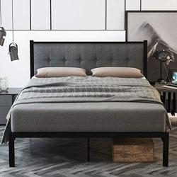 SHA CERLIN Queen Bed Frame, Platform Bed Frame with Strong Metal Slats and Upholstered Button Tufted Square Stitch Headboard, Mattress Foundation, No Box Spring Needed, Easy Assembly, Dark Grey