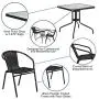 Flash Furniture 28 Square Glass Metal Table with Black Rattan Edging and 2 Black Rattan Stack Chairs Flash Furniture 28 Square Glass Metal Table with Black Rattan Edging and 2 Black Rattan Stack Chairs