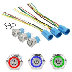 XLX 3 Sets 16mm 5 Pin Metal Momentary Latching Push Button Switch 1NO 1NC Self-Locking 12V DC On Off Stainless Steel Flat Head Waterproof LED Ring Illuminated Switch with Wire Socket Plug