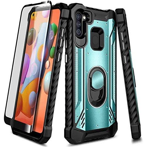 E-Began Case for Samsung Galaxy A11 with Tempered Glass Screen Protector (Full Coverage), Aluminum Magnetic Metal Built-in Ring Holder, Full-Body Protective Shockproof Military Case -Ice Blue
