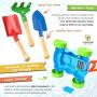Bubble Lawn Mower Bundle with Kids Shovel and Rake Gardening Tools Set Features Metal Kids Shovel with Wooden Handles & Battery Operated Bubble Mower