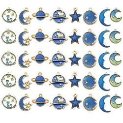 Youdiyla 40pcs Blue Enamel Moon Star Planet Charms Collection, Mix Metal Pendant Supplies Findings for Jewelry Making (HM275)