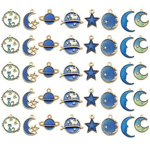 Youdiyla 40pcs Blue Enamel Moon Star Planet Charms Collection, Mix Metal Pendant Supplies Findings for Jewelry Making (HM275)