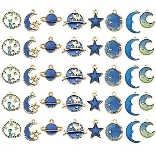 Youdiyla 40pcs Blue Enamel Moon Star Planet Charms Collection, Mix Metal Pendant Supplies Findings for Jewelry Making (HM275)