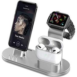 OLEBR Charging Stand 3 in 1 Compatible with AirPods, iWatch Series 6/SE/5/4/3/2/1,Phone 12/12 Pro/ 12 Pro Max/11/11 Pro/11 Pro Max/Xs/X Max/XR/X/8/8Plus/7/7 Plus /6S /6S Plus-Silver