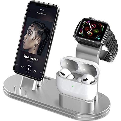 OLEBR Charging Stand 3 in 1 Compatible with AirPods, iWatch Series 6/SE/5/4/3/2/1,Phone 12/12 Pro/ 12 Pro Max/11/11 Pro/11 Pro Max/Xs/X Max/XR/X/8/8Plus/7/7 Plus /6S /6S Plus-Silver