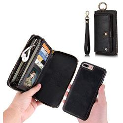 JAZ iPhone 8 Wallet Case / iPhone 7 Wallet Case - Multi-Function Wristlets Zipper Purse Detachable Magnetic 14 Card Slots Money Pocket Clutch Leather Wallet Case for Apple iPhone 8 / 7 / 6S / 6 Black