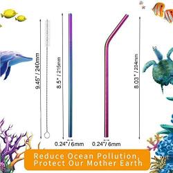 VEHHE Metal Straws Stainless Steel Straws 8.5'' Drinking Straws Reusable 4 Set - Rainbow Color-Cleaning Brush for 20/30 Oz for Yeti RTIC SIC Ozark Trail Tumblers (2 Straight|2 Bent|1 Brush)