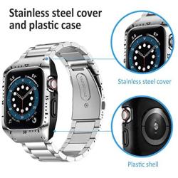 HATALKIN Compatible with Apple Watch Series 6 5 4 44mm Band with Metal Bumper Case,Rugged Men Bands for Apple Watch SE/iWatch 6 5 4 44mm Stainless Steel Cases Protector Drop-Proof Shockproof(Silver)