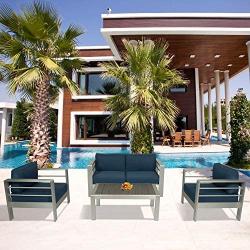 Kinsunny 4pcs Patio Furniture Sofa Shore Aluminum Outdoor Sectional Set Metal Conversation Set with Cushions Dark Blue