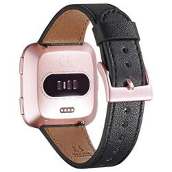 WFEAGL For Versa Band, Top Grain Leather Band Replacement Strap for Versa /Versa 2 /Versa Lite /Versa SE Fitness Smart Watch (Black Band+RoseGold Buckle)