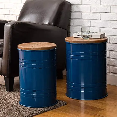 Glitzhome Rustic Storage Ottoman Seat Stool, Farmhouse End Table, Galvanized Metal Accent Side Table Toy Box Bin with Round Wood Lid for Living Room Furniture, Nesting Pieces Two, Navy Blue Glitzhome Rustic Storage Ottoman Seat Stool, Farmhouse End Table, Galvanized Metal Accent Side Table Toy Box Bin with Round Wood Lid for Living Room Furniture, Nesting Pieces Two, Navy Blue