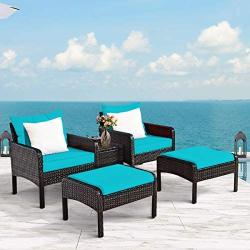 Tangkula Wicker Furniture Set 5 Pieces PE Wicker Rattan Outdoor All Weather Cushioned Sofas and Ottoman Set Lawn Pool Balcony Conversation Set Chat Set (Turquoise)