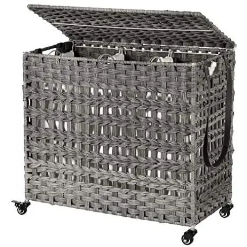 SONGMICS Handwoven Laundry Hamper, Rattan-Style Laundry Basket with 3 Removable Bags, Handles, Laundry Sorter with Lid, for Living Room, Bathroom, Laundry Room, Gray ULCB083G02
