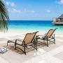 LOKATSE HOME Outdoor Patio Adjustable Metal Chaise Lounge Chair Recliner Set of 2 with 1 Glass Top Bistro Table - Beige