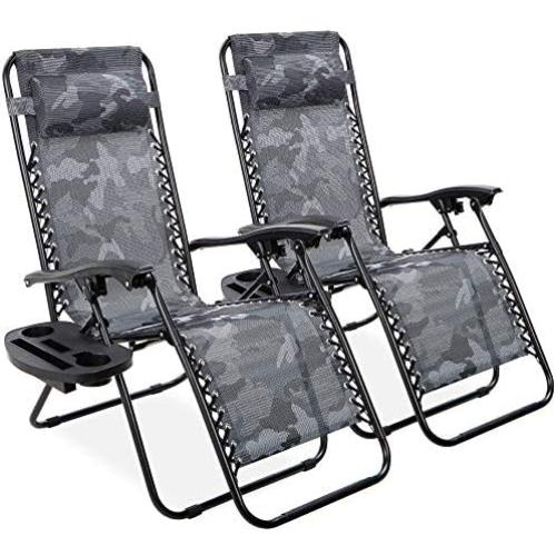 Best Choice Products Set of 2 Adjustable Steel Mesh Zero Gravity Lounge Chair Recliners w/Pillows and Cup Holder Trays, Camoflage