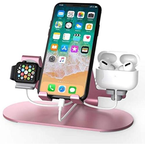 3 in 1 Aluminum Charging Station for Apple Watch Charger Stand Dock for iWatch Series SE/6/5/4/3/2/1, iPad, AirPods Pro/2/1 and iPhone 12/11/Xs/X Max/XR/X/8/ 8P/7/7P/6S/6S（Rose Gold）