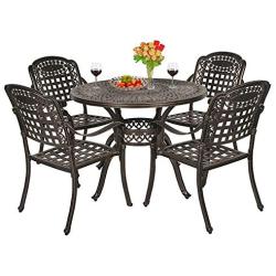 OKIDA 5 Piece Outdoor Cast Aluminum Patio Dining Set, Conversation Furniture Set for Patio Deck Garden with 4 Chairs and Round Table, Umbrella Hole, Flora and Lattice Design