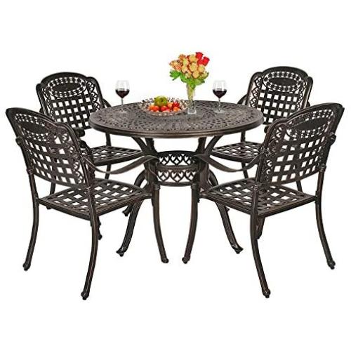 OKIDA 5 Piece Outdoor Cast Aluminum Patio Dining Set, Conversation Furniture Set for Patio Deck Garden with 4 Chairs and Round Table, Umbrella Hole, Flora and Lattice Design