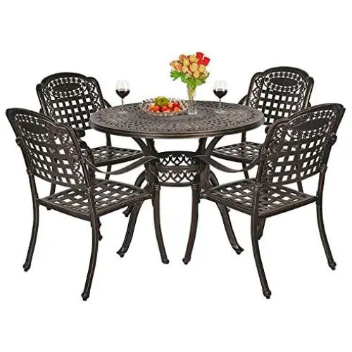 OKIDA 5 Piece Outdoor Cast Aluminum Patio Dining Set, Conversation Furniture Set for Patio Deck Garden with 4 Chairs and Round Table, Umbrella Hole, Flora and Lattice Design