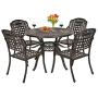 OKIDA 5 Piece Outdoor Cast Aluminum Patio Dining Set, Conversation Furniture Set for Patio Deck Garden with 4 Chairs and Round Table, Umbrella Hole, Flora and Lattice Design