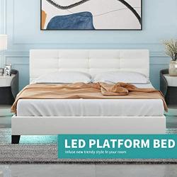 LAGRIMA Full Size LED Bed / Modern Upholstered Faux Leather Bed with 8 Color Changing LED Light / 2.8-Inch Solid Wooden Slats Support / White, Full