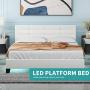LAGRIMA Full Size LED Bed / Modern Upholstered Faux Leather Bed with 8 Color Changing LED Light / 2.8-Inch Solid Wooden Slats Support / White, Full