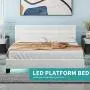 LAGRIMA Full Size LED Bed / Modern Upholstered Faux Leather Bed with 8 Color Changing LED Light / 2.8-Inch Solid Wooden Slats Support / White, Full LAGRIMA Full Size LED Bed / Modern Upholstered Faux Leather Bed with 8 Color Changing LED Light / 2.8-Inch Solid Wooden Slats Support / White, Full
