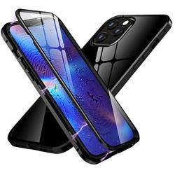 HENGHUI Case Compatible with iPhone 12 Mini Magnetic Clear Glass Case ，Aluminum Metal Bumper 360 Full-Body Protecive Cover Built-in Screen Protector (Black, iPhone12Mini)