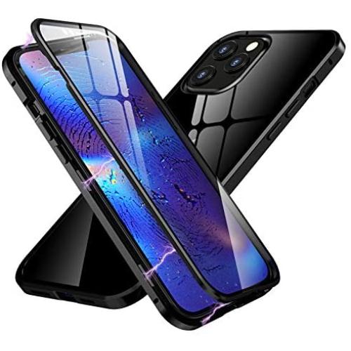 HENGHUI Case Compatible with iPhone 12 Mini Magnetic Clear Glass Case ，Aluminum Metal Bumper 360 Full-Body Protecive Cover Built-in Screen Protector (Black, iPhone12Mini)