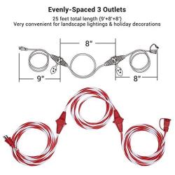 Dewenwils 25 FT Candy Cane Outdoor Extension Cord with Multiple Spaced Outlets Plugs, 16/3 SJTW Power Cord for Christmas Tree Lights and Holiday Decorations, UL Listed