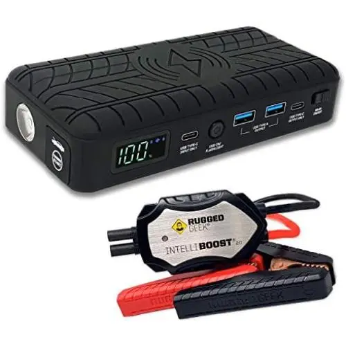 RUGGED GEEK RG1200 Safety 1200A Portable Car Jump Starter with Wireless Charging, Type-C Ports, LED Display, INTELLIBOOST 2.0 Safety Cables, LED Flashlight, USB Ports. Quality Metal Frame Clamps.