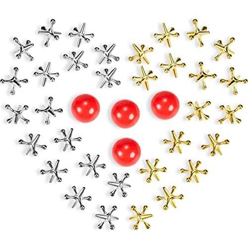 4 Set Jacks Game Toys Kit, Include 40 Pieces Metal Jacks and 4 Pieces Red Rubber Balls with Box for Kids and Adults