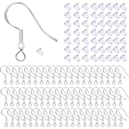 100 PCS/50 Pairs 925 Sterling Silver Earring Hooks Fish Hook Ear Wires French Wire Hooks Hypo-allergenic Jewelry Findings Earring Parts DIY Making With 100 PCS Clear Rubber Earring Safety Backs