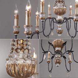 KunMai Retro Rustic 6-Light Sculpted Wood Rust Metal Clear Crystal Candle Style Chandelier