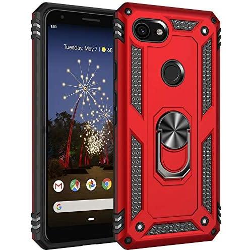 Military Grade Drop Impact for Google Pixel 3A XL Case 360 Metal Rotating Ring Kickstand Holder Magnetic Car Mount Armor Shockproof Cover for Google Pixel 3A XL Phone Protection Case (Red)
