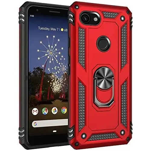 Military Grade Drop Impact for Google Pixel 3A XL Case 360 Metal Rotating Ring Kickstand Holder Magnetic Car Mount Armor Shockproof Cover for Google Pixel 3A XL Phone Protection Case (Red)