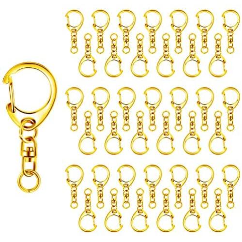 Roctee 50 Piece Key Ring with Chain, Gold D Snap Hook Split Metal Keychain Parts, DIY Crafts Key Ring Hardware with 8mm Open Jump Ring and Connector