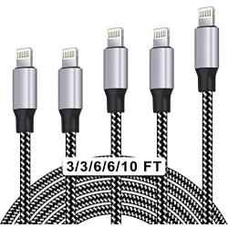 WUYA iPhone Charger, MFi Certified Lightning Cable 5 Pack (3/3/6/6/10FT) Nylon Woven with Metal Connector Compatible iPhone Xs Max/X/8/7/Plus/6S/6/SE/5S iPad - Black&White