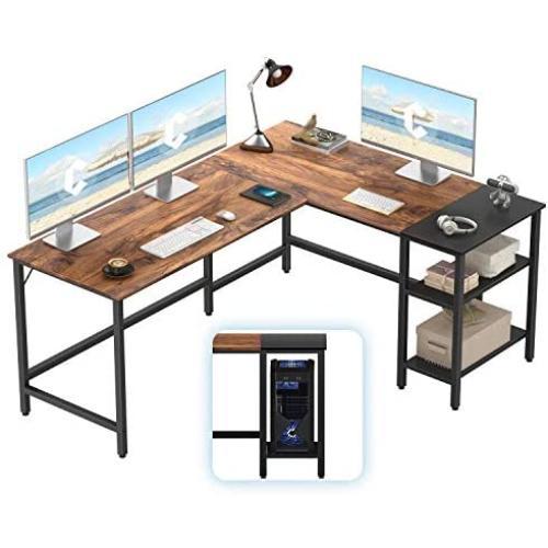 CubiCubi L-Shaped Computer Desk, Industrial Office Corner Desk Writing Study Table with Storage Shelves, Space-Saving, Dark Rustic/Black