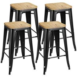 ZENY Set of 4 Metal Bar Stools 26'' Counter Height with Wooden Seat Stackable Indoor/Outdoor Barstools, 330 lbs Capacity